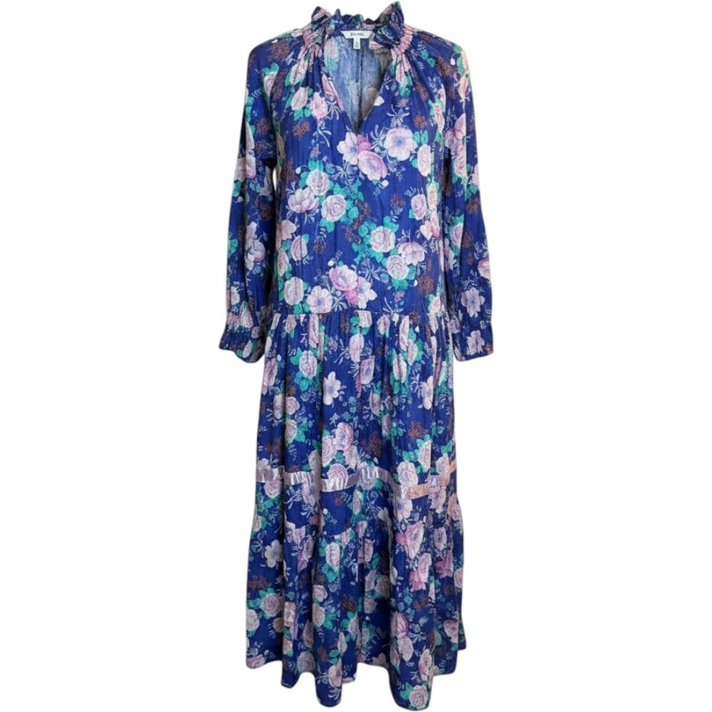 Henri Christian Paris Dress Women M Blue Floral Tiered Midi Boho Prairie Garden